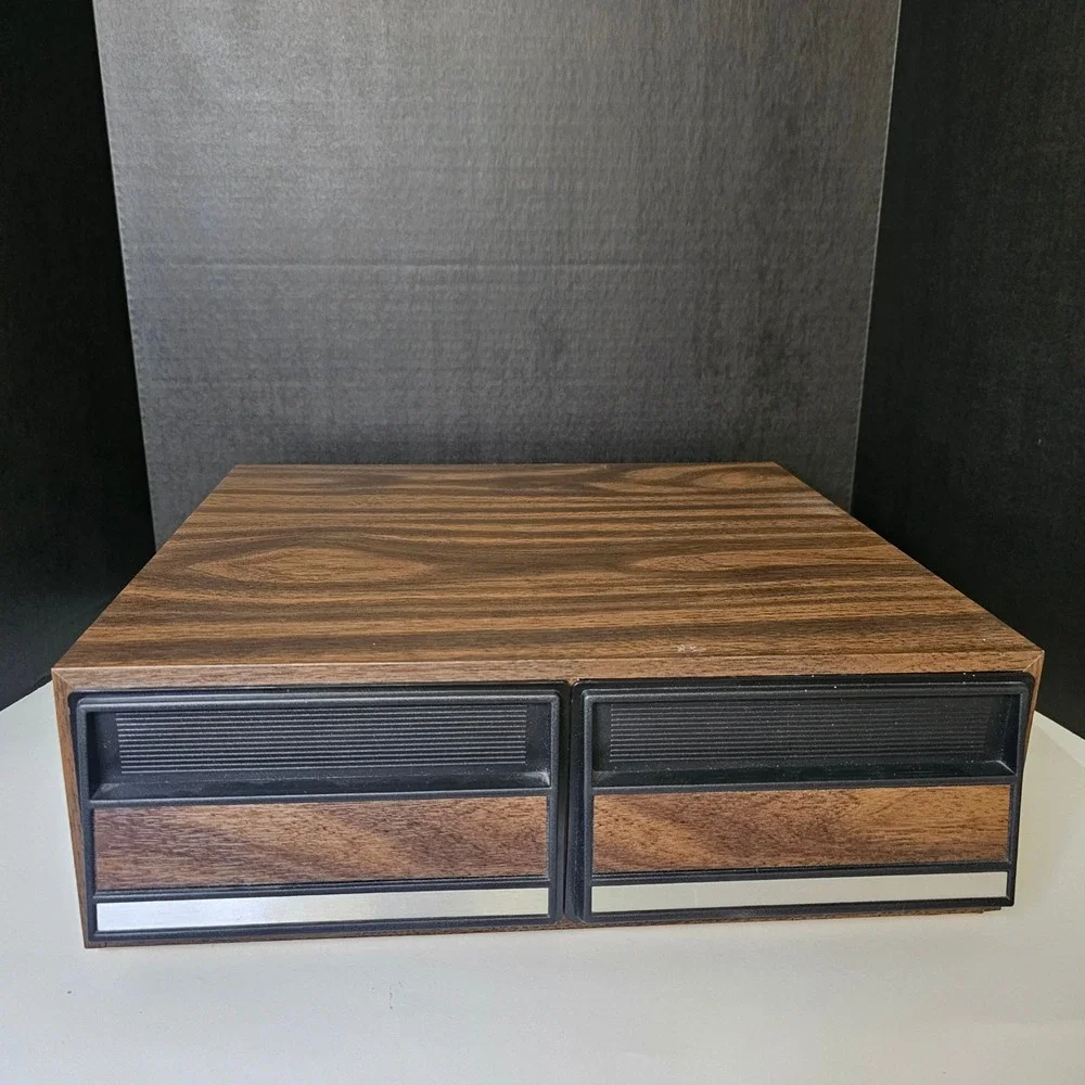 Vintage Faux Wood Grain VHS Storage Cabinet 2 Drawer Media Organizer Retro